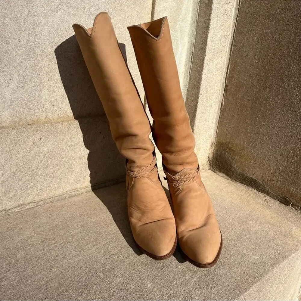 Vintage Dingo 80s high heeled suede yellow tan leather braid detail boots - Picture 4 of 9